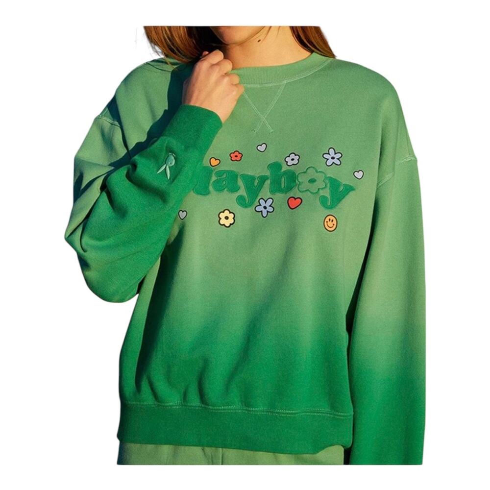 Playboy by PacSun Floral green ombre crewneck sweatshirt embroidered logo MED
